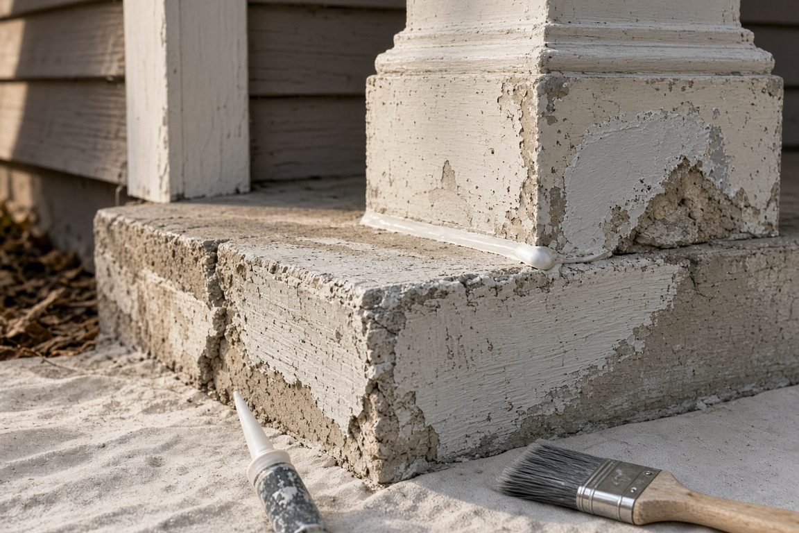 Illustration of a scraped and primed porch step and column base
