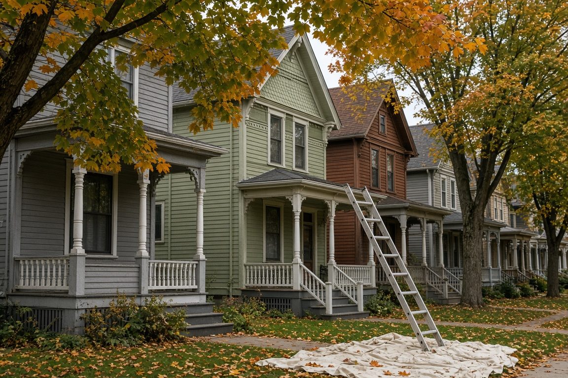 Illustration of a row of older wood houses with porches