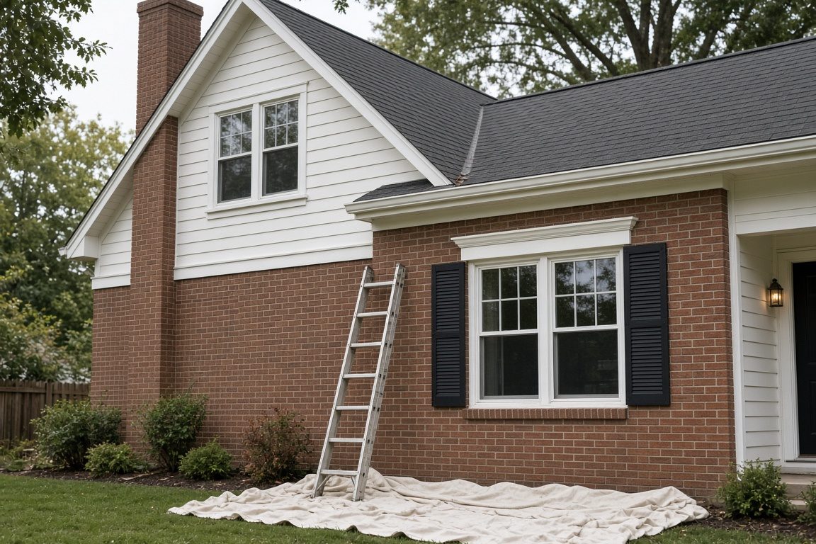 Illustration of a brick and siding colonial with fresh trim paint