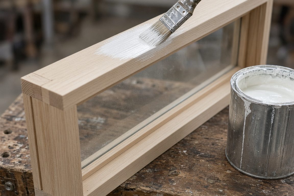 Illustration of a wood storm window being primed on a workbench