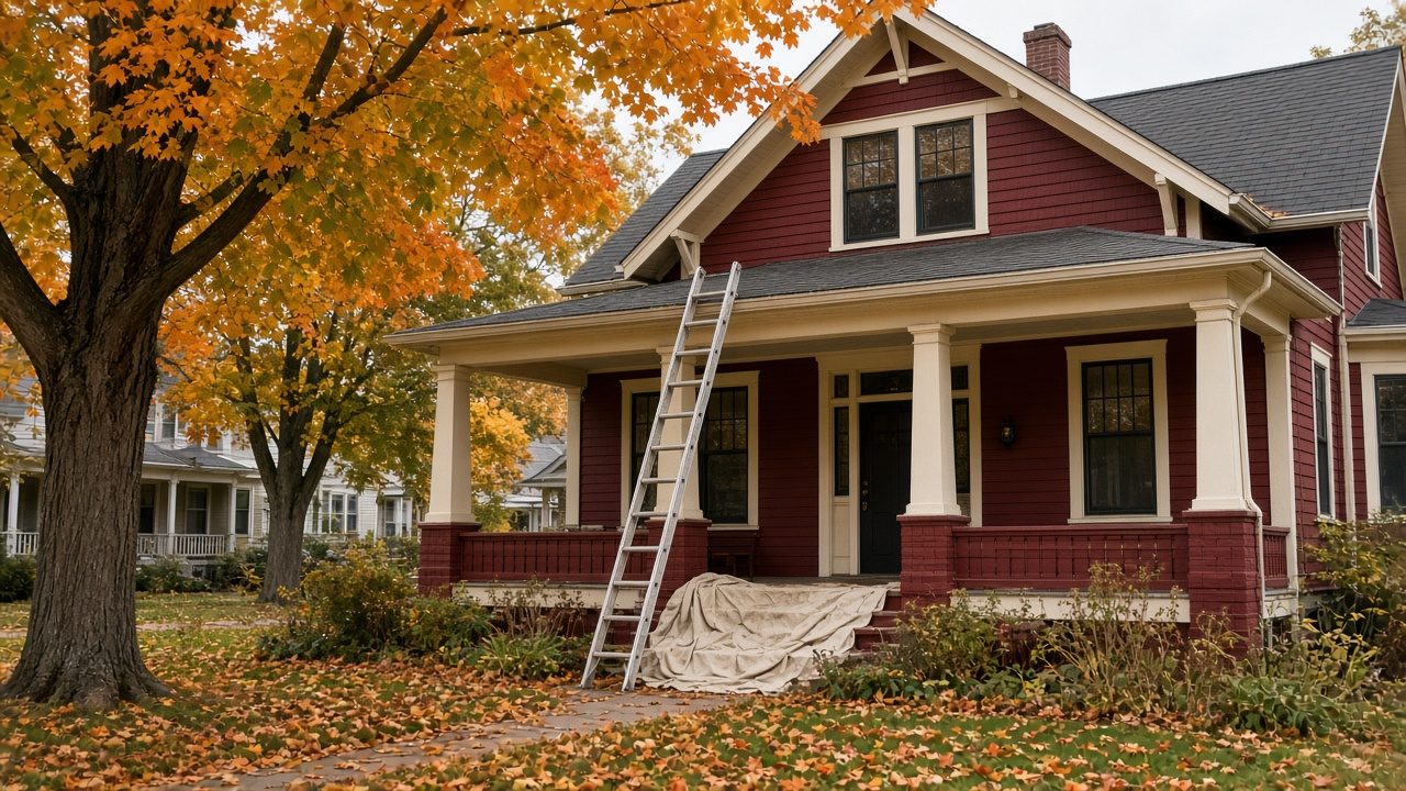 Illustration of an early 1900s wood house with a front porch painted dark red under autumn maples