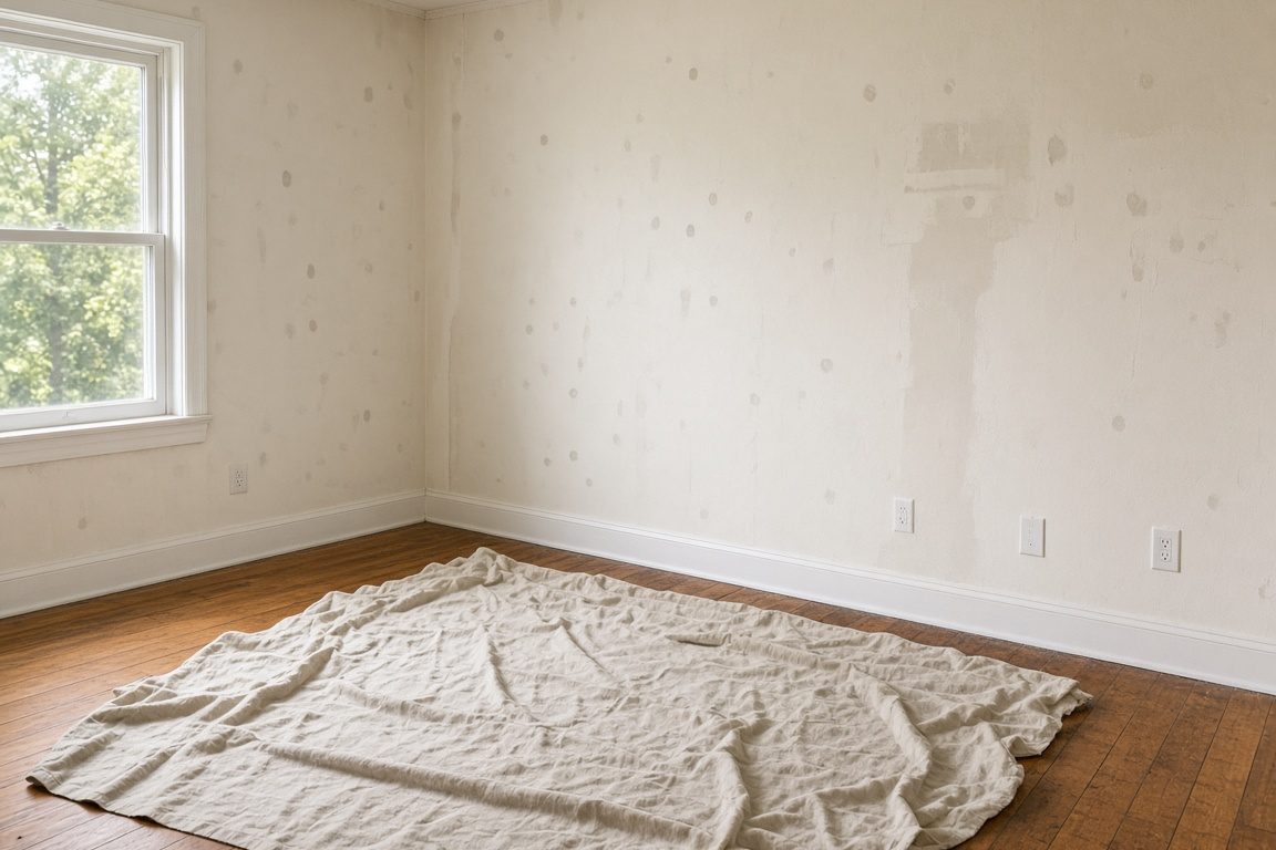Illustration of an empty rental bedroom being painted off-white